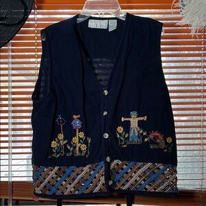 Navy Embroidered Vest with Scarecrow Design
